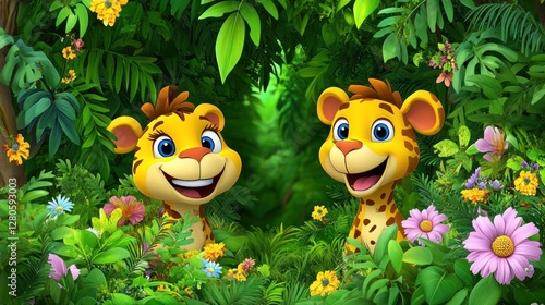 Two cartoon leopards in a vibrant jungle background photo