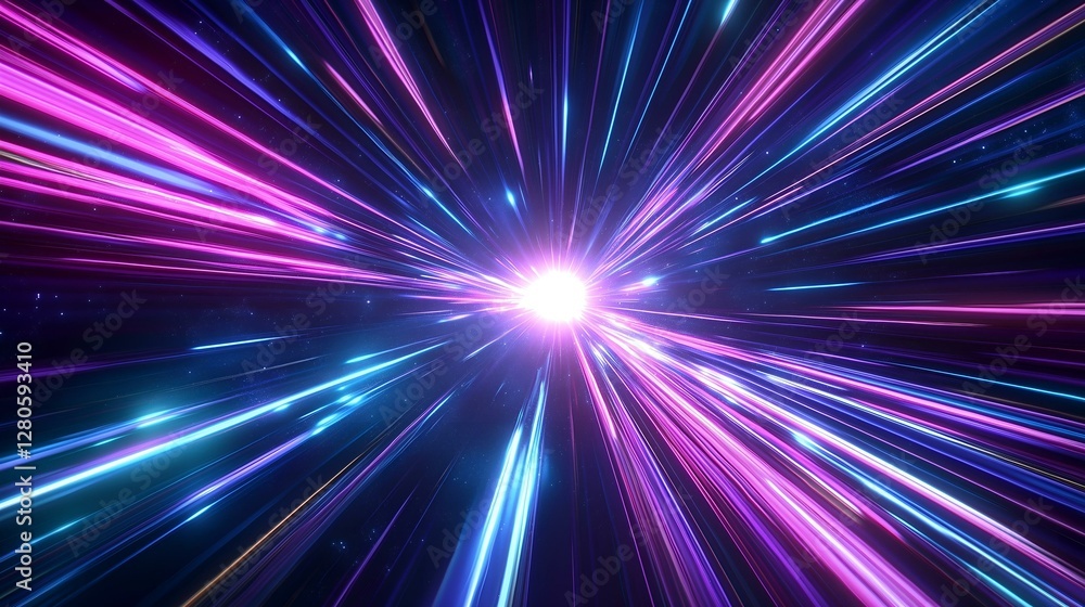 Bright light burst with colorful streaks in futuristic space background Bright light burst with colorful streaks in futuristic space background