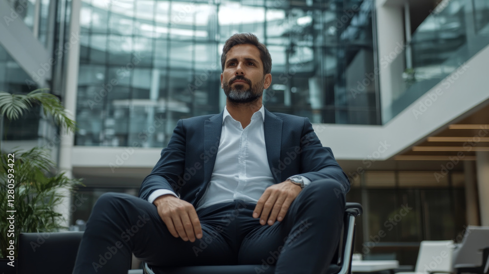 confident businessman sitting in modern office environment, showcasing professionalism and focus. glass architecture enhances contemporary feel of space confident businessman sitting in modern office environment, showcasing professionalism and focus. glass architecture enhances contemporary feel of space