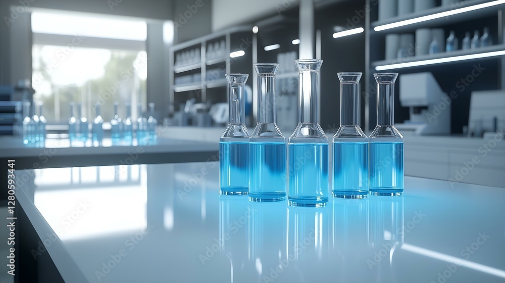 Modern laboratory with glass flasks containing blue liquid on a white reflective table under bright lighting. Modern laboratory with glass flasks containing blue liquid on a white reflective table under bright lighting.