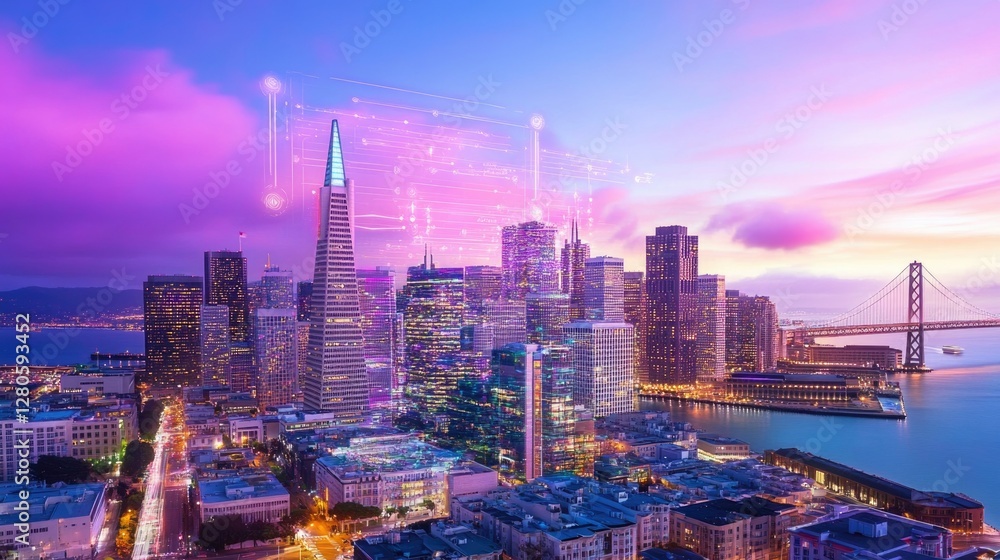 Fototapeta premium The San Francisco skyline at night, overlaid with glowing augmented reality charts, IoT connections, and metaverse-inspired holograms.