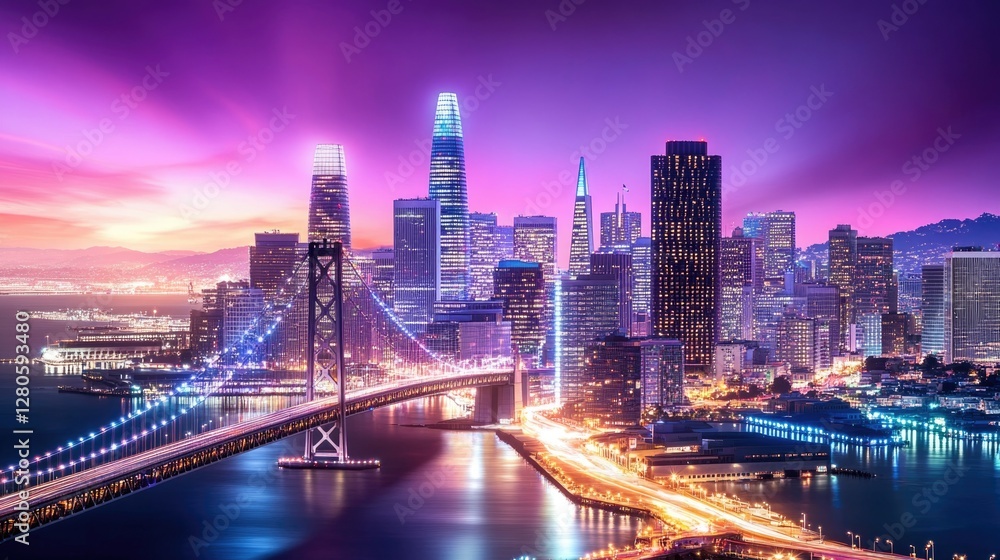 Fototapeta premium The San Francisco skyline at night, overlaid with glowing augmented reality charts, IoT connections, and metaverse-inspired holograms.