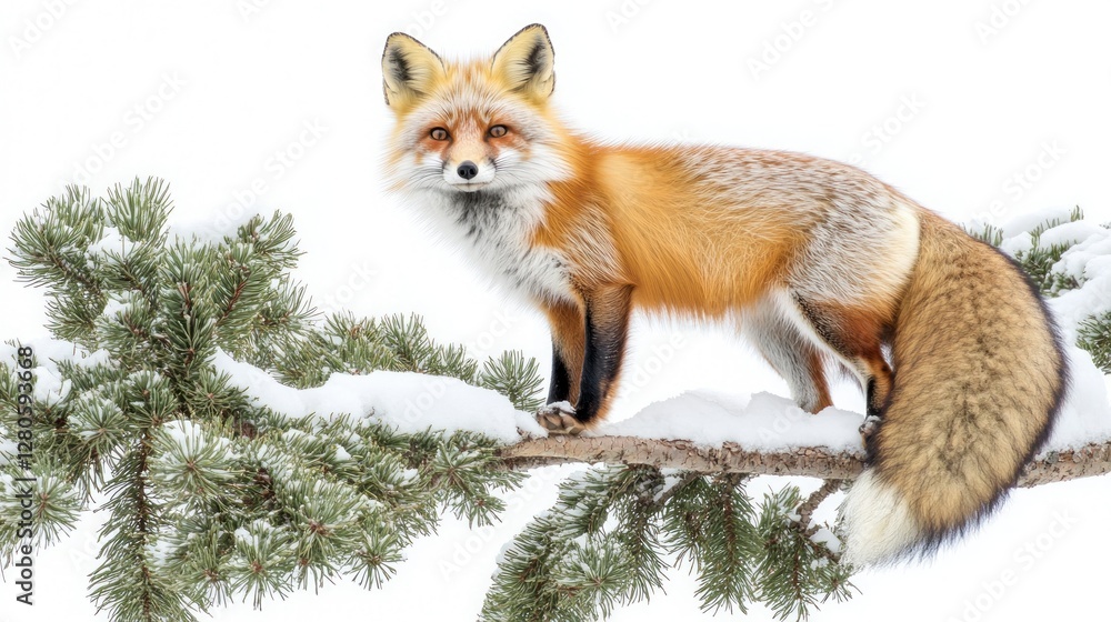 Obraz premium Red fox on snowy pine branch