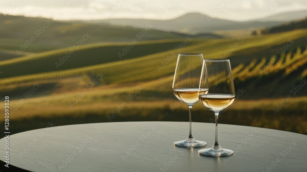Obraz premium Alcohol consumption at a scenic vineyard with wine glasses and panoramic views. Featuring elegance and nature