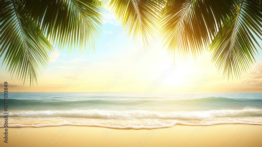 Fototapeta premium Tropical sunset beach scene with palm leaves