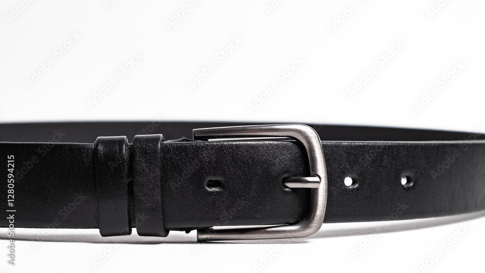 Black Classical leather Belt isolated on white background close-up. Fastened fashionable unisex accessory with dark chrome matted metal buckle. Man lux strap. Haberdashery goods. Minimalistic style. Black Classical leather Belt isolated on white background close-up. Fastened fashionable unisex accessory with dark chrome matted metal buckle. Man lux strap. Haberdashery goods. Minimalistic style.