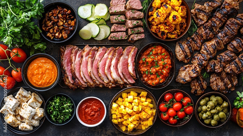 Fototapeta premium Overhead View of a Grilling Station with Various Delicious Dishes