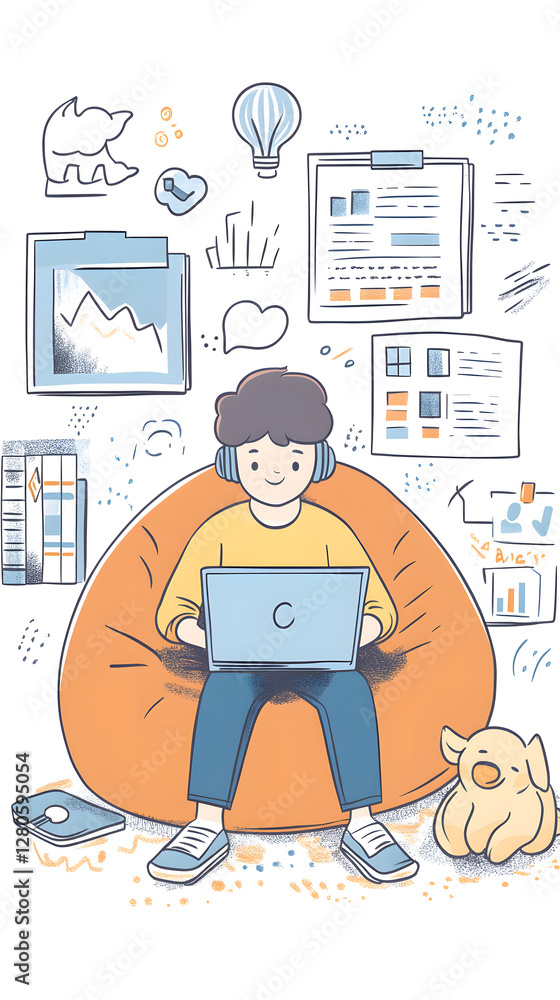 Fototapeta premium A cartoon-style illustration of an online student studying at home, surrounded by various digital devices displaying educational content