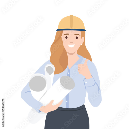 Confident Female Architect wearing a hard hat, holding rolled up blueprints, and giving a thumbs up. Flat vector illustration isolated on white background