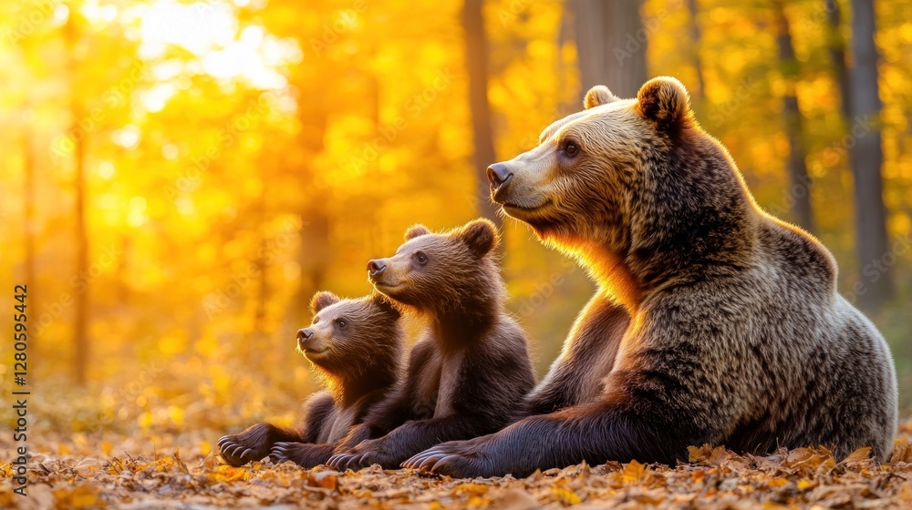 Fototapeta premium Autumn forest sunlit brown bear family