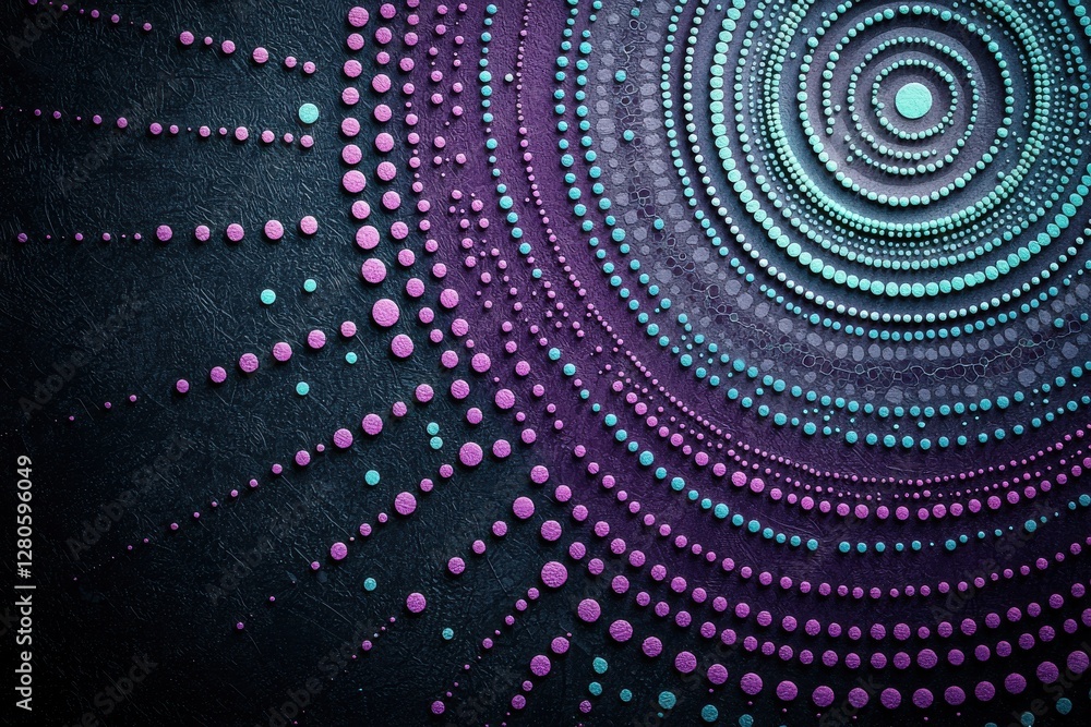 Abstract fractal background with concentric circles of blue and purple dots on a textured dark surface, creating a mesmerizing and intricate design element. Abstract fractal background with concentric circles of blue and purple dots on a textured dark surface, creating a mesmerizing and intricate design element.