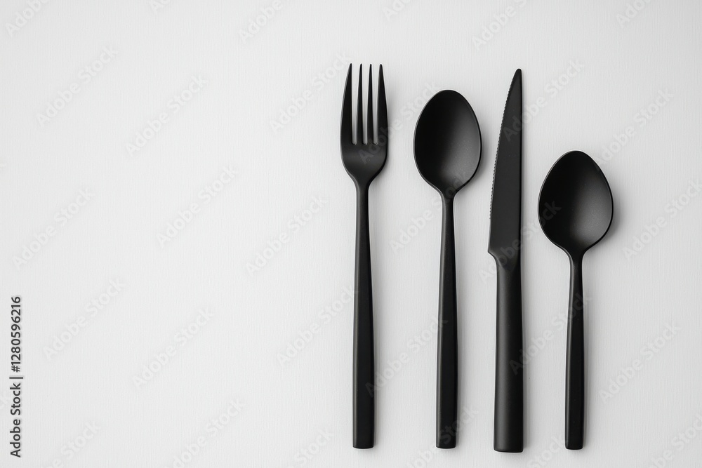 Minimalist black cutlery set on a clean white background, featuring a fork, two spoons, and a knife, perfect for modern dining and culinary concepts with space for text. Minimalist black cutlery set on a clean white background, featuring a fork, two spoons, and a knife, perfect for modern dining and culinary concepts with space for text.