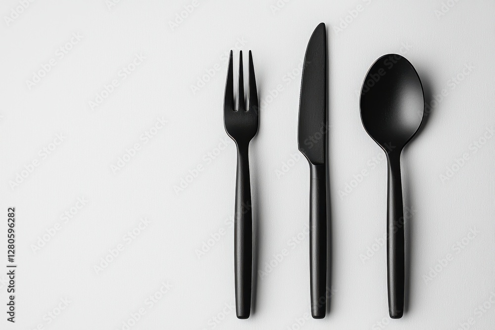 Elegant black cutlery set including a fork, knife, and spoon arranged on a clean white surface, showcasing modern minimalist design and a sleek, sophisticated aesthetic. Elegant black cutlery set including a fork, knife, and spoon arranged on a clean white surface, showcasing modern minimalist design and a sleek, sophisticated aesthetic.