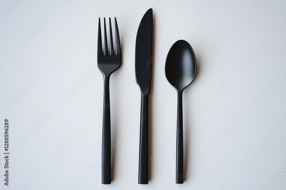Minimalist black cutlery set on a clean white backdrop, featuring a fork, knife, and spoon, conveying modern elegance and a sophisticated dining aesthetic. Minimalist black cutlery set on a clean white backdrop, featuring a fork, knife, and spoon, conveying modern elegance and a sophisticated dining aesthetic.