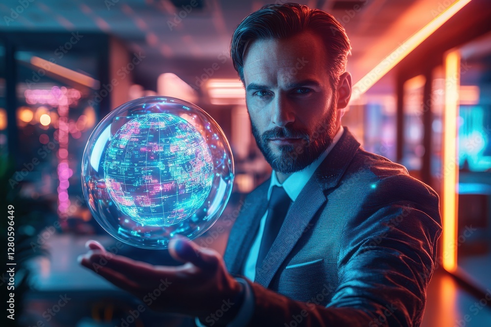 A confident businessman holding a digital globe in his hand, representing global business connections, technology, and innovation in the modern world. A confident businessman holding a digital globe in his hand, representing global business connections, technology, and innovation in the modern world.