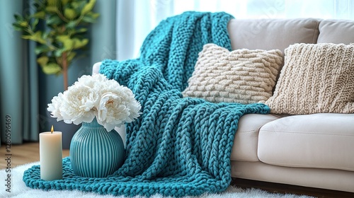 Cozy teal knit throw on cream sofa, with flowers photo