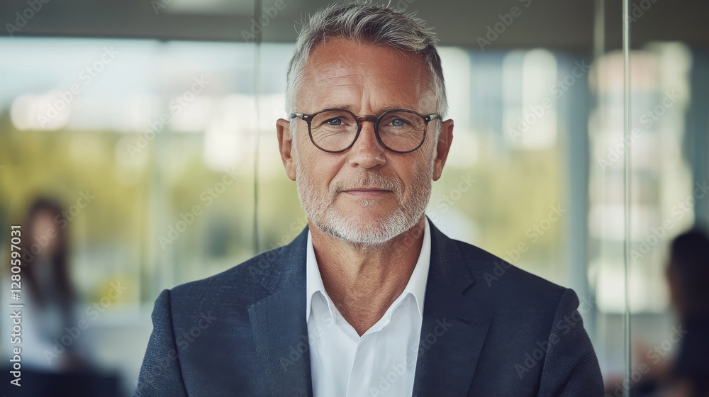 Fototapeta premium Confident businessman with glasses, gray hair, and beard, wearing suit. Professional setting with blurred background