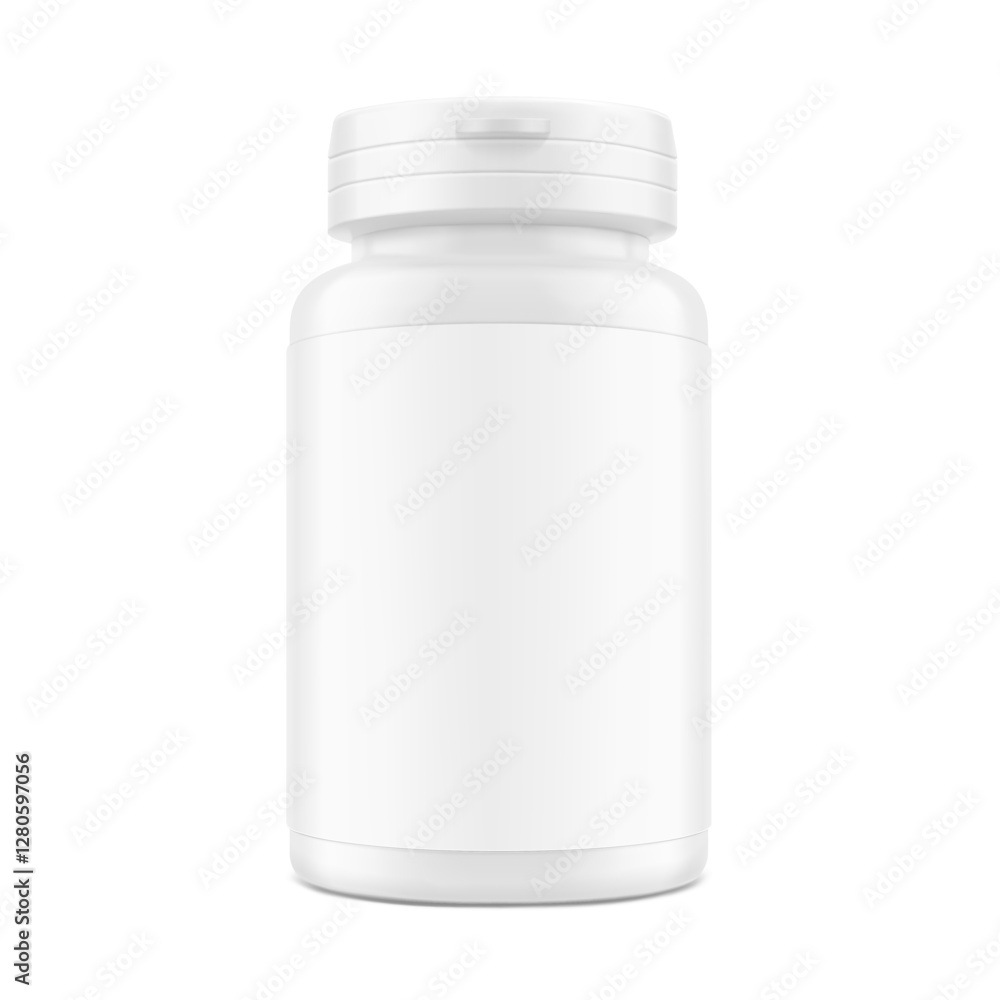 White plastic bottle container with snap-hinge cap. Vector illustration isolated on white background. Front view. Mockup perfect show your product with tamper evident push-on hinged cap. EPS10. White plastic bottle container with snap-hinge cap. Vector illustration isolated on white background. Front view. Mockup perfect show your product with tamper evident push-on hinged cap. EPS10.