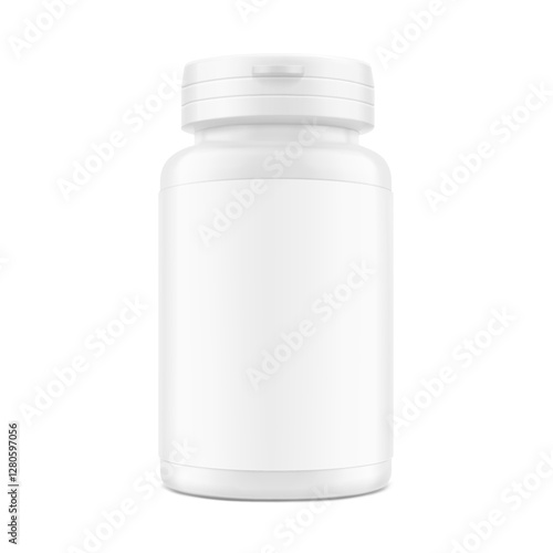 White plastic bottle container with snap-hinge cap. Vector illustration isolated on white background. Front view. Mockup perfect show your product with tamper evident push-on hinged cap. EPS10.