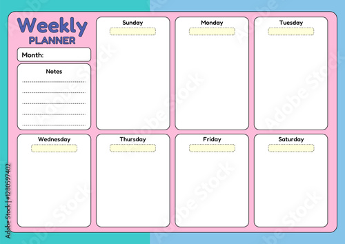 A colorful weekly planner template with space for daily tasks, a notes section, and a month selection field.