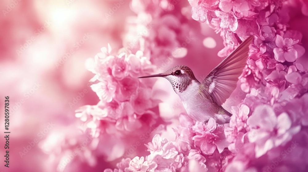 Fototapeta premium Hummingbird in flight amidst vibrant pink blossoms