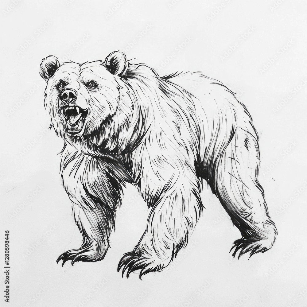 Obraz premium Minimalist ink sketch of roaring bear with strong lines