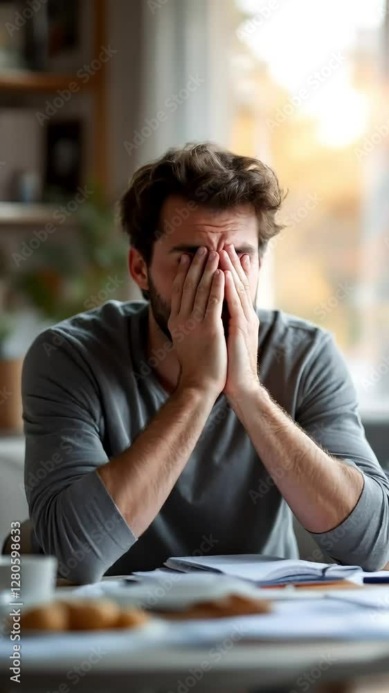 Stressed Man Sitting at Table Covering Face with Hands Stressed Man Sitting at Table Covering Face with Hands