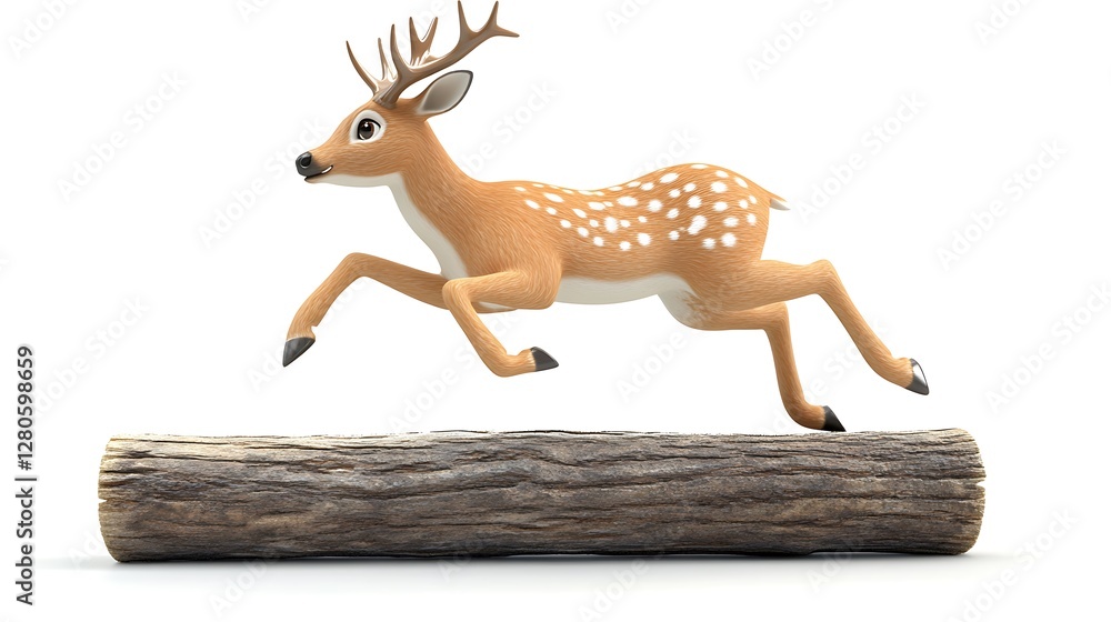 Animated deer leaping over log forest 3d model playful side view