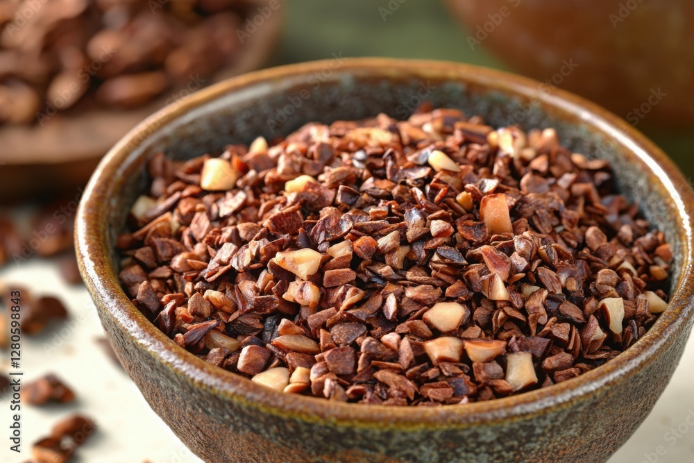 Fototapeta premium Close-Up of Chopped Cocoa Nibs in Rustic Bowl on Table Surface