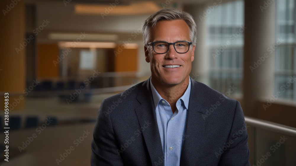 professional man with glasses smiles confidently in modern office setting, showcasing friendly demeanor and approachable personality professional man with glasses smiles confidently in modern office setting, showcasing friendly demeanor and approachable personality