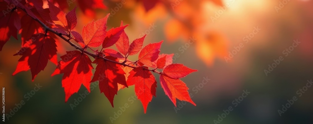 Crimson leaves densely packed on a branch, peaceful autumn scene , woodland, photography Crimson leaves densely packed on a branch, peaceful autumn scene , woodland, photography