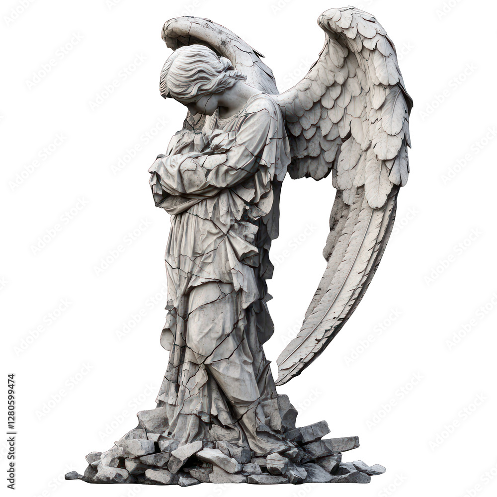 Fototapeta premium Broken angel statue with missing wings isolated on transparent background
