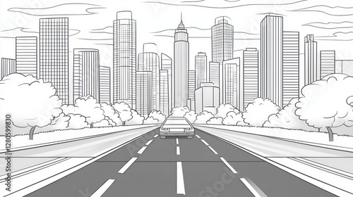 Urban Highway Scene, Cars, Cityscape, Black and White