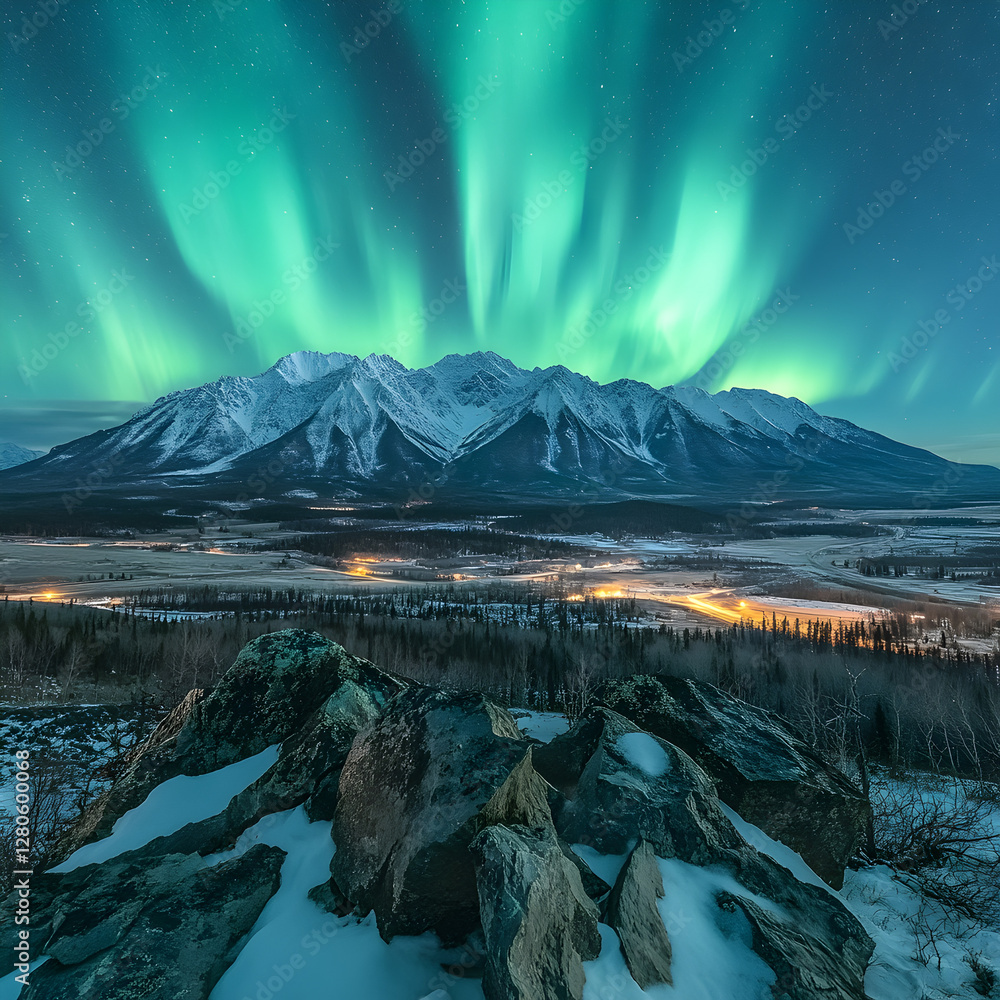 Obraz premium Aurora Borealis over Snowy Mountains at Night