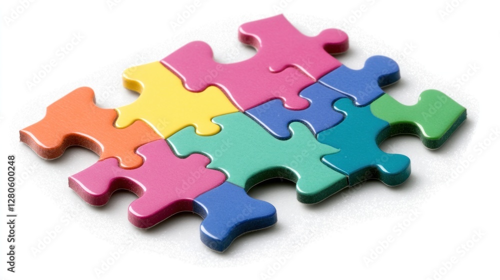 Colorful puzzle piece section, isolated on white, representing teamwork and problem solving