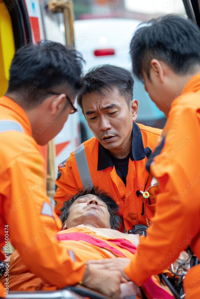 Obraz premium Asian male EMS paramedics or emergency medical technicians in orange uniforms performing first aid to patient on stretcher injured from road accident