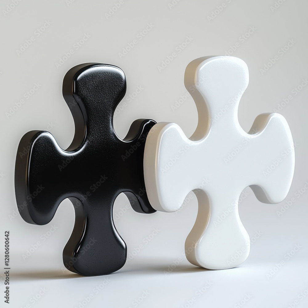 Obraz premium Two connected jigsaw pieces in black and white, symbolizing cooperation, integration, and unity on bright seamless background, business strategy.