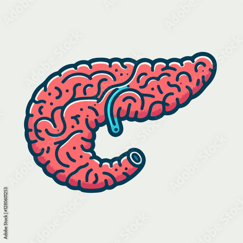 Medical Illustration: A stylized illustration of the human pancreas, showcasing its unique shape and intricate network of blood vessels in vivid detail.