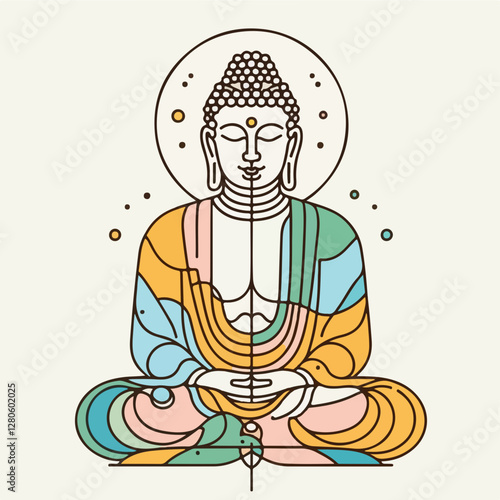 Serene Buddha Line Art: A colorful and calming illustration of Buddha in a seated meditation pose, radiating peace and tranquility, ideal for spiritual themes.