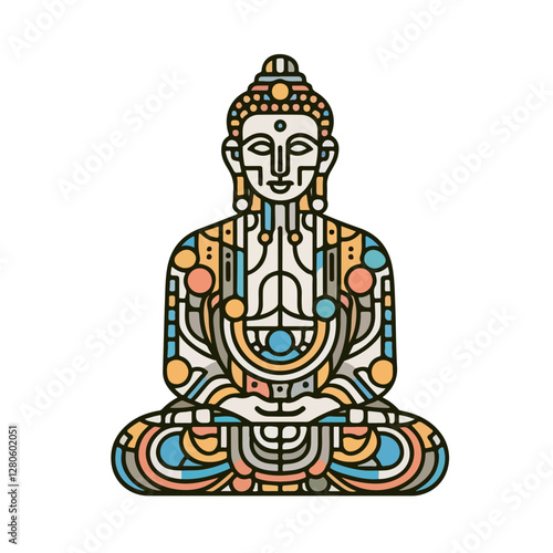 Serene Buddha: A modern, geometrically designed illustration of a serene Buddha figure, radiating peace and enlightenment, perfect for conveying mindfulness and spiritual concepts.