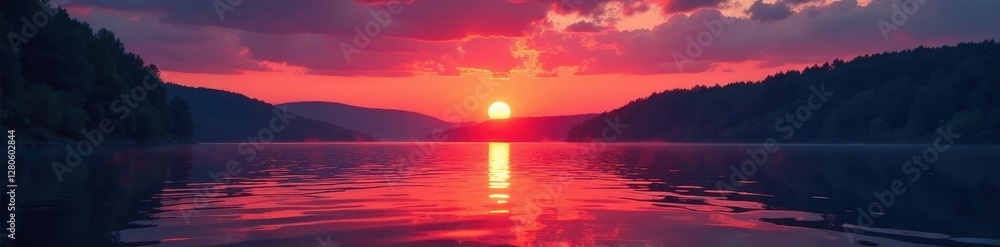 Crimson sun dips below rippling lake surface, NY State , photography, picture, picturesque Crimson sun dips below rippling lake surface, NY State , photography, picture, picturesque