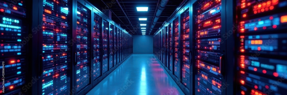 Modern data center with diverse server racks and network equipment, hardware, system administration, technology Modern data center with diverse server racks and network equipment, hardware, system administration, technology