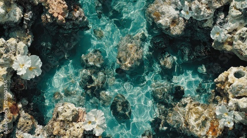 Turquoise shallow water over rocks, white flowers, vibrant colors