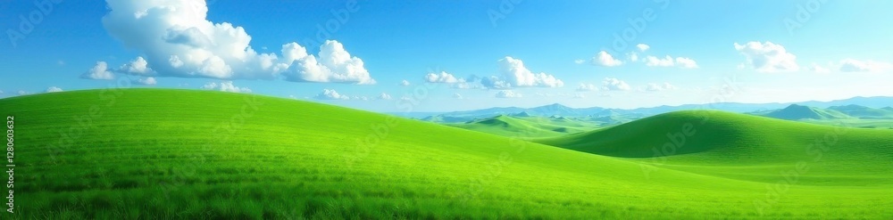 Rolling hills of emerald grass meet a boundless azure sky , blue, meadow, farmland Rolling hills of emerald grass meet a boundless azure sky , blue, meadow, farmland