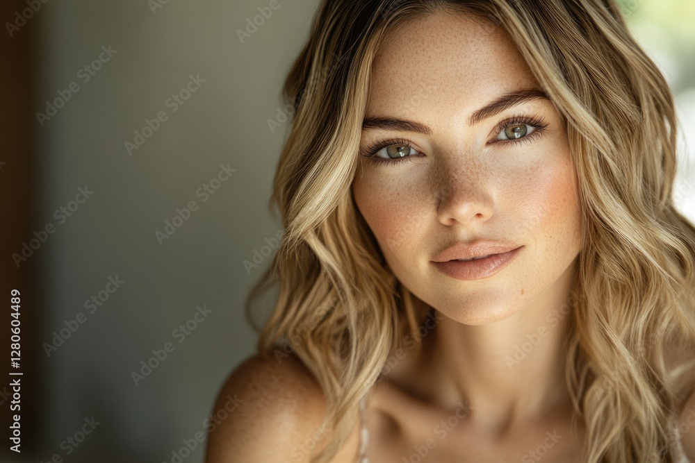 Fototapeta premium Close-up portrait of a woman with blonde, wavy hair and freckles, showcasing her natural beauty.