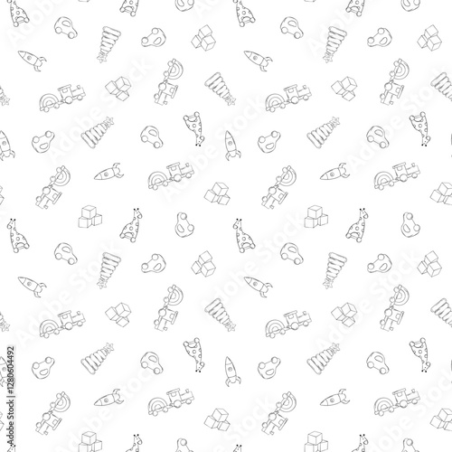 Vector Seamless pattern of baby toys. Outline Wooden car, cubes, train, rocket, giraffe on wheels and pyramid in Scandinavian style, Cute repeated background. Hand drawn ink illustration for fabric