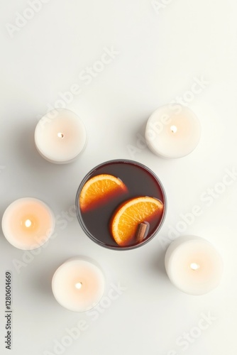 Rich dark drink garnished with orange slices surrounded by glowi