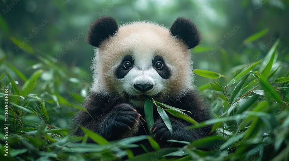 Fototapeta premium Cute panda cub eating bamboo in a forest
