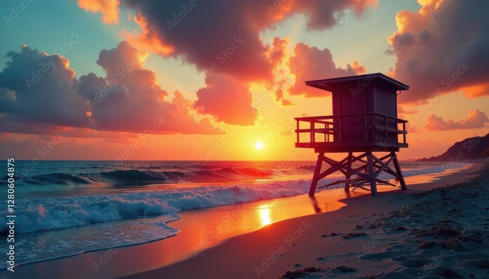 Lifeguard tower stands sentinel against a fiery sunset sky, waves gently lapping , beach, ocean Lifeguard tower stands sentinel against a fiery sunset sky, waves gently lapping , beach, ocean