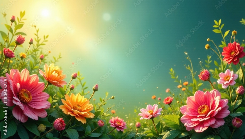 Obraz premium Sun-drenched border, vibrant blooms, lush foliage, garden design, summer